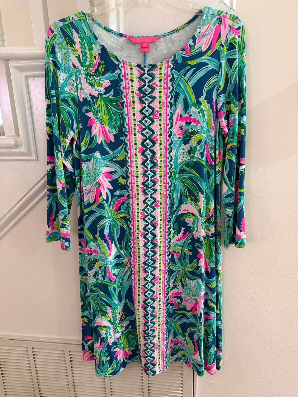Women’s Long Sleeve Tropical Print Dress - Teal & Pink